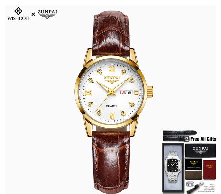 Zunpai Women Waterproof Stainless Steel Unisilver Gold Business Watch with Box GOLDEN WHITE