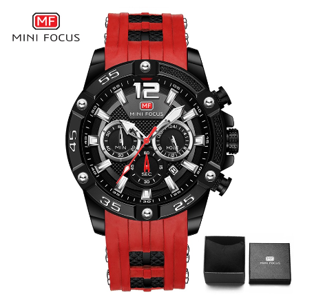 Mini Focus Watch Men Luminous Chronograph Waterproof Sports Silicone Analog Quartz Watch BLACK RED