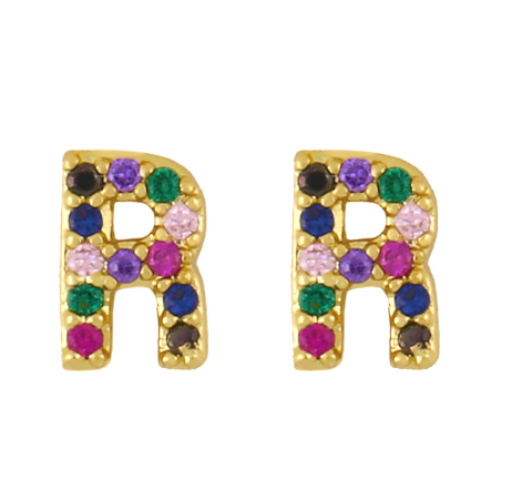 New European and American Fashion Gold 26 Letters Colorful Zircon Alphabet Stud Earrings Women Jewelry Gifts R