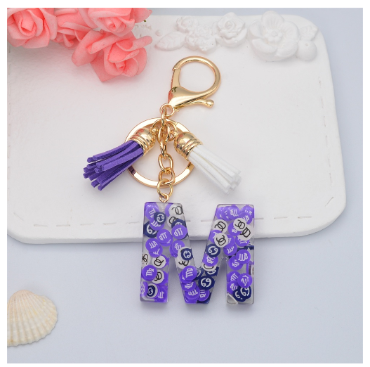 New 26 Letters Constellation Symbol Slice Resin Keychain Charms Women Handbag Ornaments With Tassel Key Ring Accessories Gift M