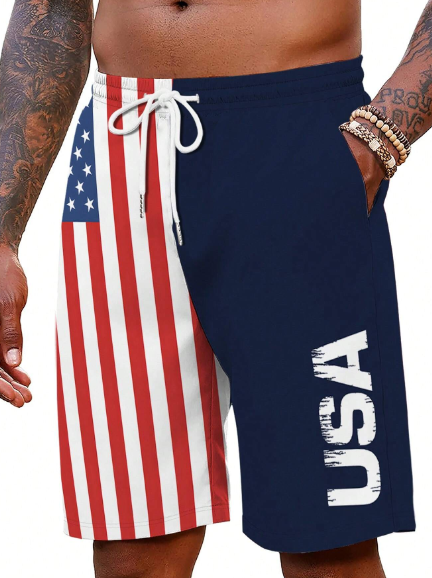 Men's American Flag Printed Drawstring Loose Beach Shorts For Holiday