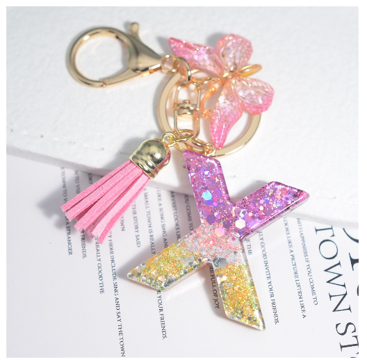Glitter Sequin Filled 26 Letter Keychain With Tassel Exquisite Butterfly A-Z Alphabet Keyrings Women Bag Pendant Ornaments Gifts X
