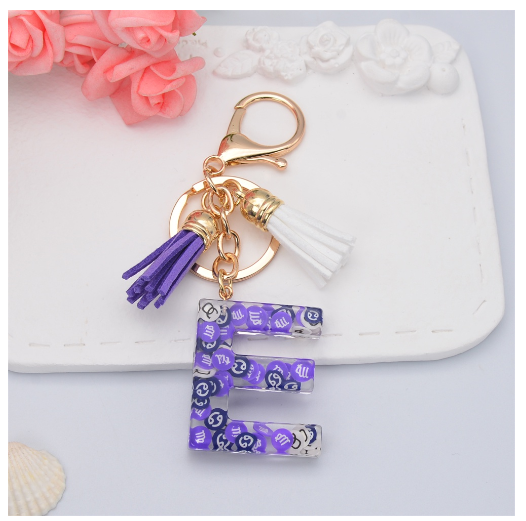New 26 Letters Constellation Symbol Slice Resin Keychain Charms Women Handbag Ornaments With Tassel Key Ring Accessories Gift E