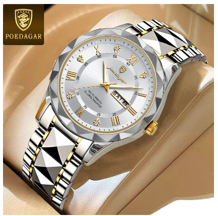 POEDAGAR business watch for men water proof original fashion luxury tungsten steel calendar luminous display prismatic diamond dial Watch GOLD WHITE