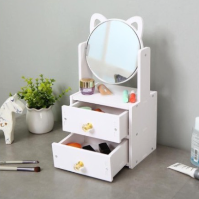 Cat Ear Makeup Mirror With Jewelry Compartment Drawer Cosmetic Organizer Table Decor