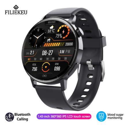 FILIEKEU smart watch for me 24-hour heart rate blood sugar watches bluetooth call waterproof sports fitness smartwatch for woman BLACK SILICONE