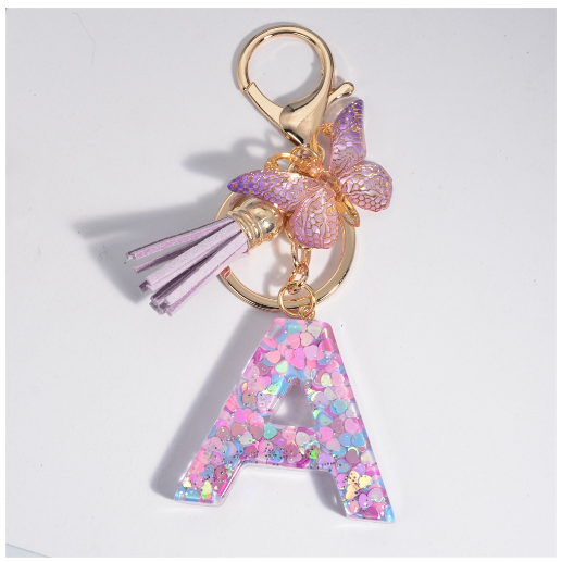 Sweet Heart Sequin Filled A-Z Letter Keychains With Tassel Fashion Butterfly 26 Alphabet Keyring Car Keyholder Birthday Gifts A