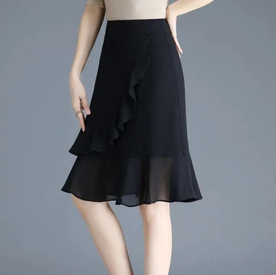 Chiffon Mid Skirt Women's Summer A-Line Black High Waist Irregular Ruffles Solid Color
