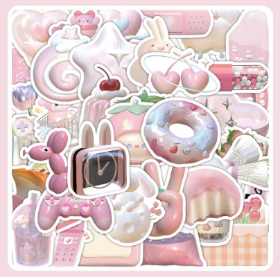 60pcs Cute 3D Pink Stickers Laptop\Phone Decorative Stationery Cartoon Waterproof Stickers Pack