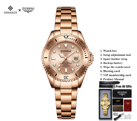 ZUNPAI Watch for Woman Original Waterproof Stainless Steel Silver Gold Business Fashion Trend Luminous Calendar Women Watch ROSEGOLD