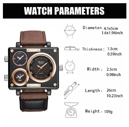 Oulm Men's Top Brand Watches Men Fashion Square Big Face 3 Time Zone Casual Quartz Watch BROWN
