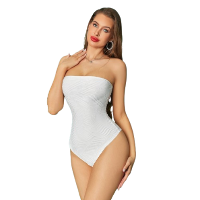 Lovito Women Casual Plain Trendy Textured Fabric Bodysuit LBA05157 (White)