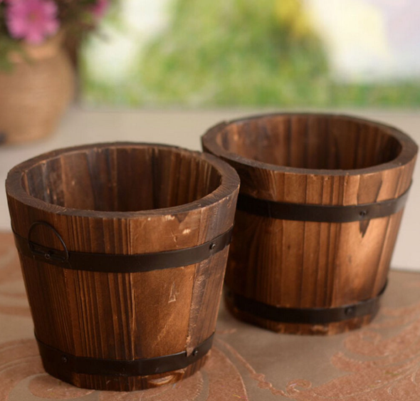 Wood Wooden Round Barrel Planter Flower Pots Home