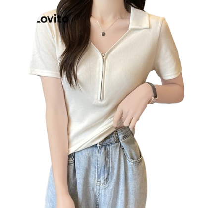 Lovito Women Casual Plain Zipper Basic T-Shirt LNE29125 (White)