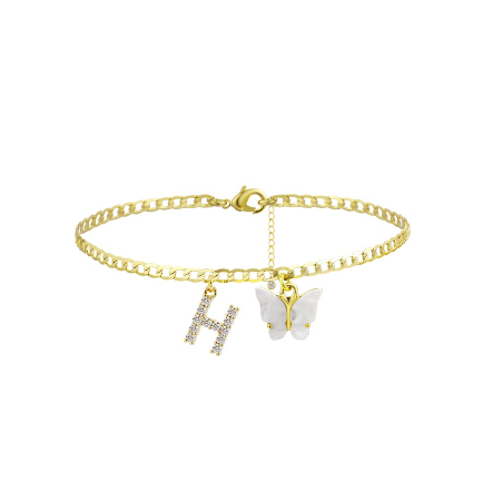 Fation Dainty Butterfly Initial Ankle Bracelets Handmade Cuban Chain White Butterfly A-Z Alphabet Letter Initial Anklets Summer Beach H