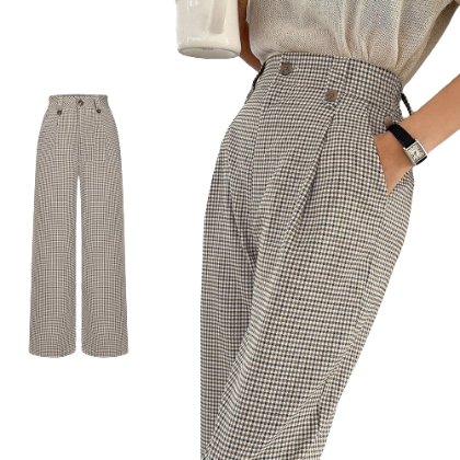 Lovito Women Casual Gingham Button Pants L70AD049 (Khaki)
