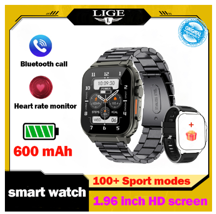 LIGE Call Smart Watch Men 1.96 Inch Full Touch 600mAh Battery Watch Sport Waterproof Fitness Support Recording Connect Music Watch STEEL BLACK