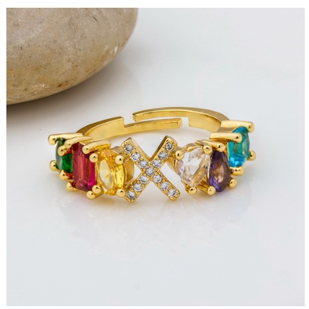 Hot Sale Adjustable A-Z 26 Initial Ring Bohemian Copper Zircon Rainbow Letter Rings for Women Girls Jewelry X