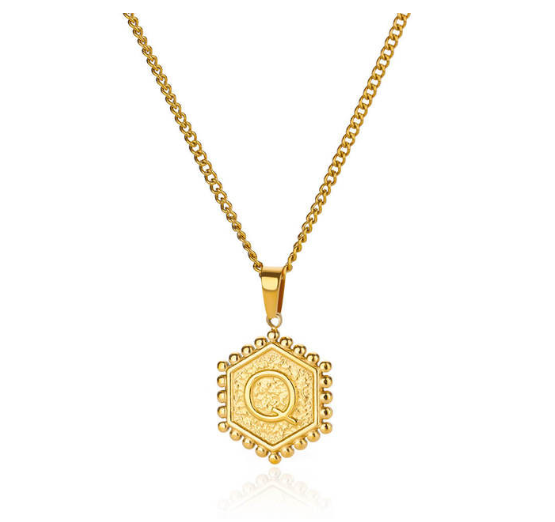Fashion Hexagon A-Z Letter Necklaces For Women Stainless Steel Initial Hexagon Pendant Necklace Q