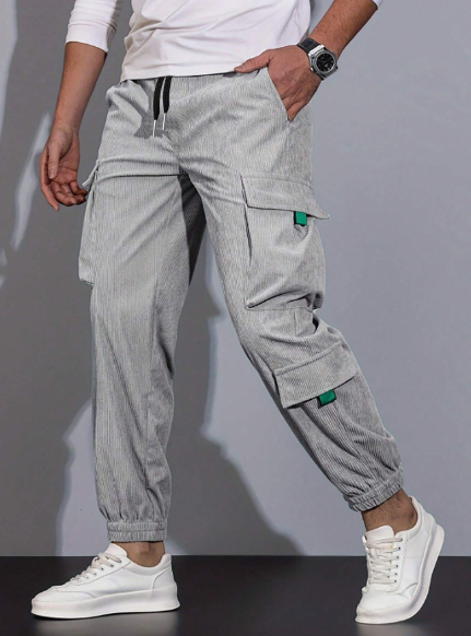 Men's Drawstring Waist Loose Fit Casual Corduroy Cargo Pants