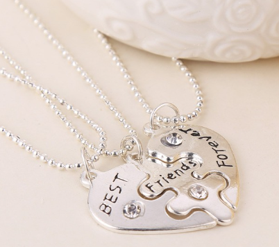 1Set(3Pcs) Silver Rhinestone Best Friend Forever BFF Heart Love Pendant Necklace
