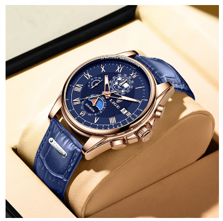 LIGE New Watch Men's Fashion Leather Waterproof Full Calendar Chronograph Watches Military Sports Quartz WristWatch ROSE BLUE