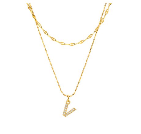 Vnox Double Layered Letter Initial Pendant Necklace,Gold Plated Shiny Zircon Alphabet Charm Necklace for Women V