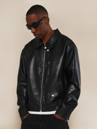 SUMWON PU Zip Through Deconstructed Biker Jacket With Zipper Detail At The Back Cuffs