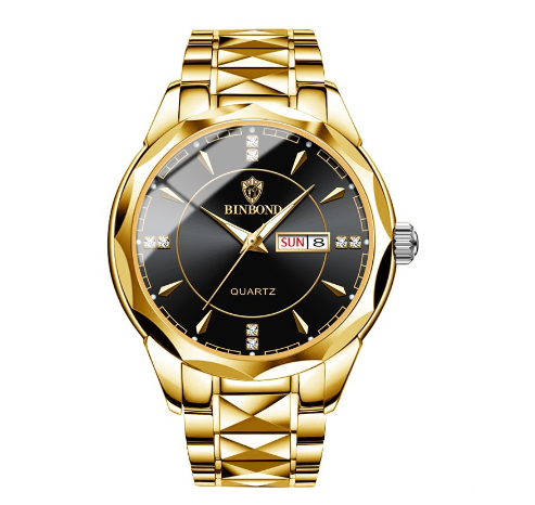 Binbond Fashion Luxury Stainless Steel Waterproof Men Unique Business Watch Dual Calendar Gold Luminous Quartz Wrist Watch M001