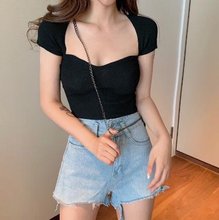 Women Basic Rib Knit Tops Sexy Summer Short Sleeve Low Cut Slim Fit T-Shirts for Women