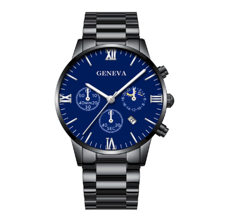 GENEVA High Quality Luxury Silver Mens Full Steel Business Quartz Wacthes Mens Original Waterproof Fashion Wristwatch Men Watch Relo BLACK BLUE