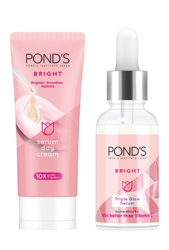 Ponds Bright Triple Glow Serum 30G and Serum Day Cream 40G for Hydrated Skin BUNDLE OF 2