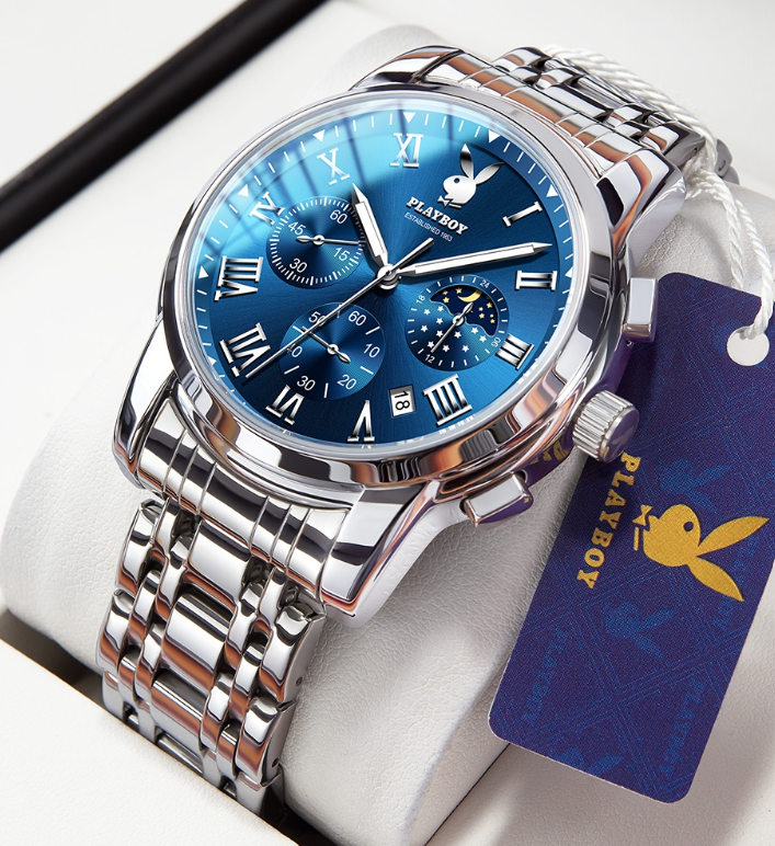 Playboy Watch For Men Waterproof Luminous Chronograph Date Display Stainless Steel Strap Classic Trendy Men's Watch