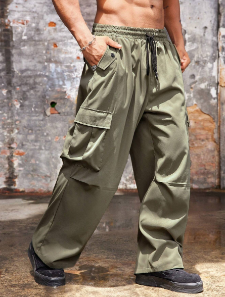 Manfinity Men's Big Size Front Tie Button Pocket Pleated Casual Pants