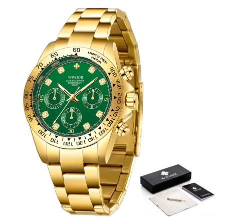 Wwoor Top Brand Mens Sports Quartz Watches Stainless Steel Military Waterproof Three Eyes Chronograph Luxury Wristwatch GREEN DIAL GOLD CASE STRAP