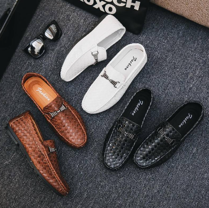 Men's Woven Square Checked Pattern Embossed Leather Peas Shoes Men Spring Casual Unique Black Korean Version