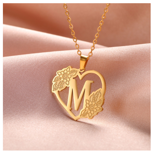 A-Z Initial Flower Necklace Women Stainless Steel Letter Heart Pendant Necklace Choker M