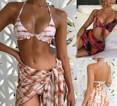 Women Sexy Swimwear Tie-Dye Print Three-Piece Swimsuit Bikini Swimming Beachwear