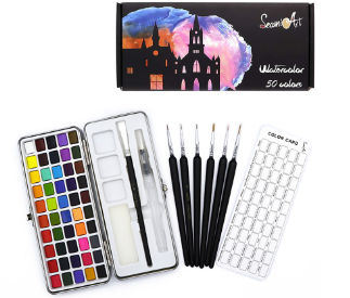 SeamiArt 50 ColorsSeamiArt 50 Colors Solid Watercolor Gift Set With 6 Pcs. Detail Painting Brush Solid Watercolor Gift Set With 6 Pcs. Detail Painting Brush