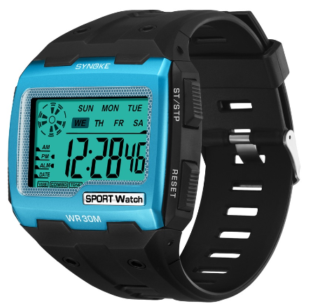 SYNOKE Men Watch Big Square Dial Alarm Week Resistant Repeater Chronograph Multifunction Digital Sport Watch BLUE
