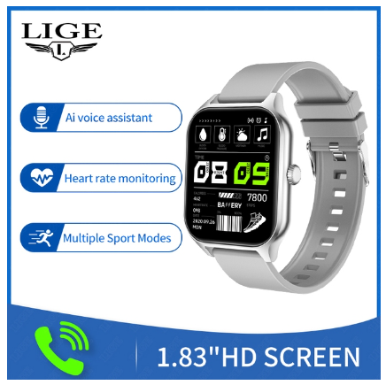 LIGE Original Smart Watch Men Women 1.83 inch HD Screen Bluetooth Call Smart Bracelet Men Health Monitor Sport Watch SILICONE GRAY