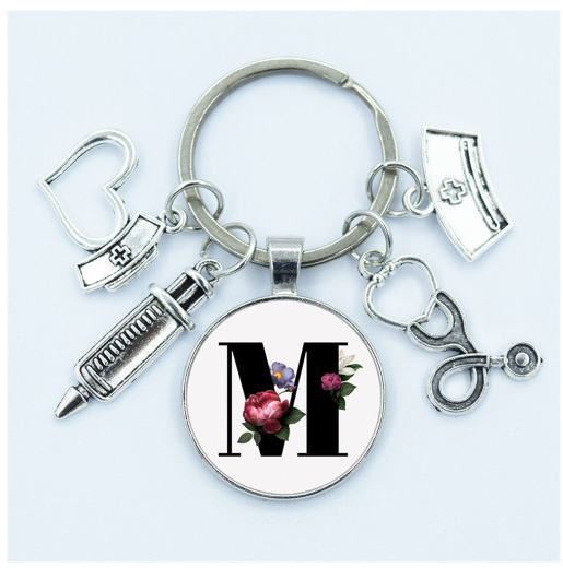1Pcs Creative Stethoscope Syringe 26 Letter Keychains Nurse Cap Initials Metal Keyrings Bag Ornaments Charms Gifts Souvenir M
