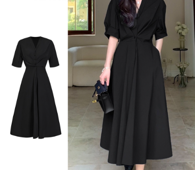 Lovito Women Casual Plain Button Dress L70AD090 Black