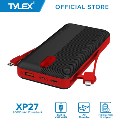 Tylex XP27 20000mAh Power Bank Single Output with Built-in Cables for iOS, Type-C & Micro USB