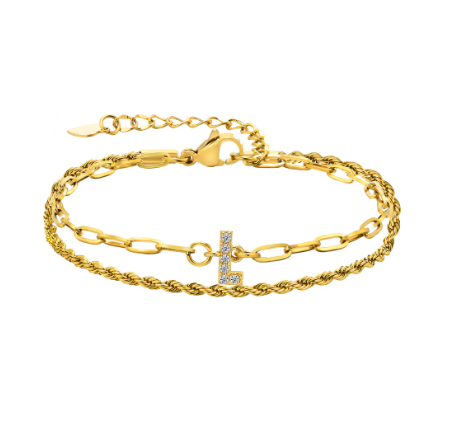 Vnox Letter Double Layer Braelet,18K Gold Fried Twistsed Paper Clip Zirconia Initial Stainless Steel Chain Link for Women L