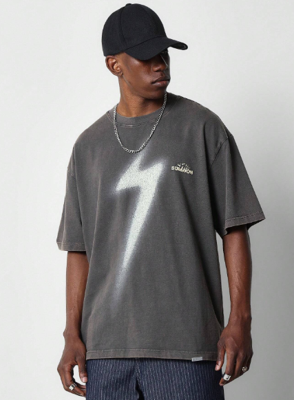 SUMWON Washed Tee With Lightning Bolt Graphic Print
