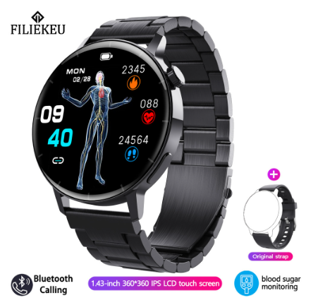 FILIEKEU smart watch for me 24-hour heart rate blood sugar watches bluetooth call waterproof sports fitness smartwatch for woman BLACK STEEL