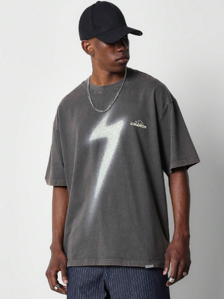 SUMWON Washed Tee With Lightning Bolt Print