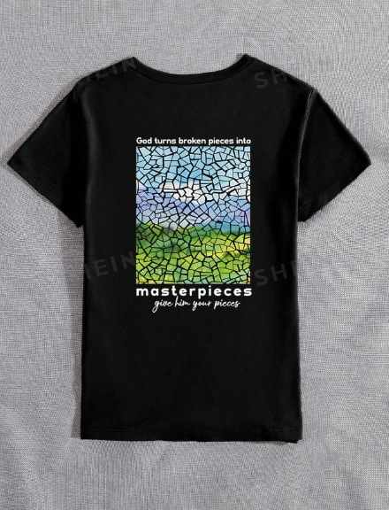 SHEIN LUNE Cross Shirt God Turns Broken Pieces Into Masterpieces Faith Printed T-Shirt Women's Summer Top Casual Short Sleeve Tee Shirt