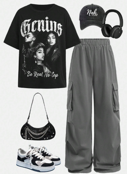 Young Girl's Black/Charcoal Grey Loose T-Shirt And Utility Pleated Pants Set With Hip Hop Portrait & Letter Print